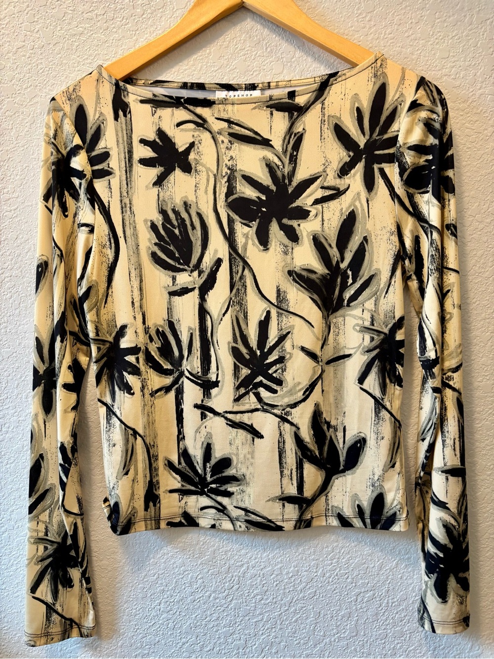 Topshop Cream Long Sleeve Top with Black Floral Brushstroke Print
